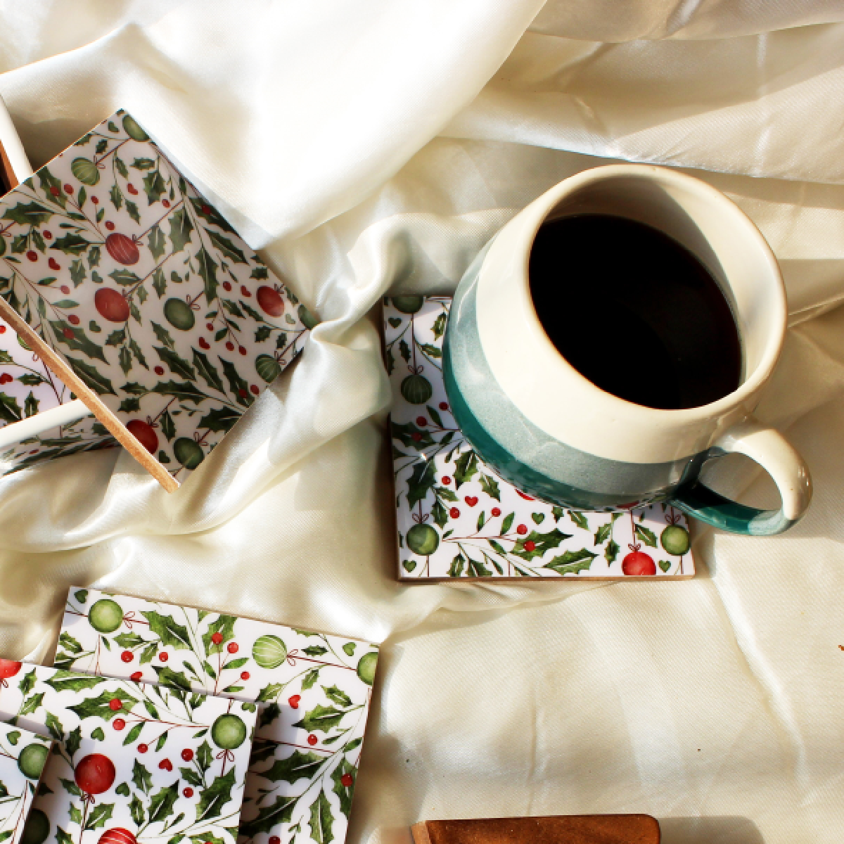 Holiday Hangings Wood Coasters Set with Holder