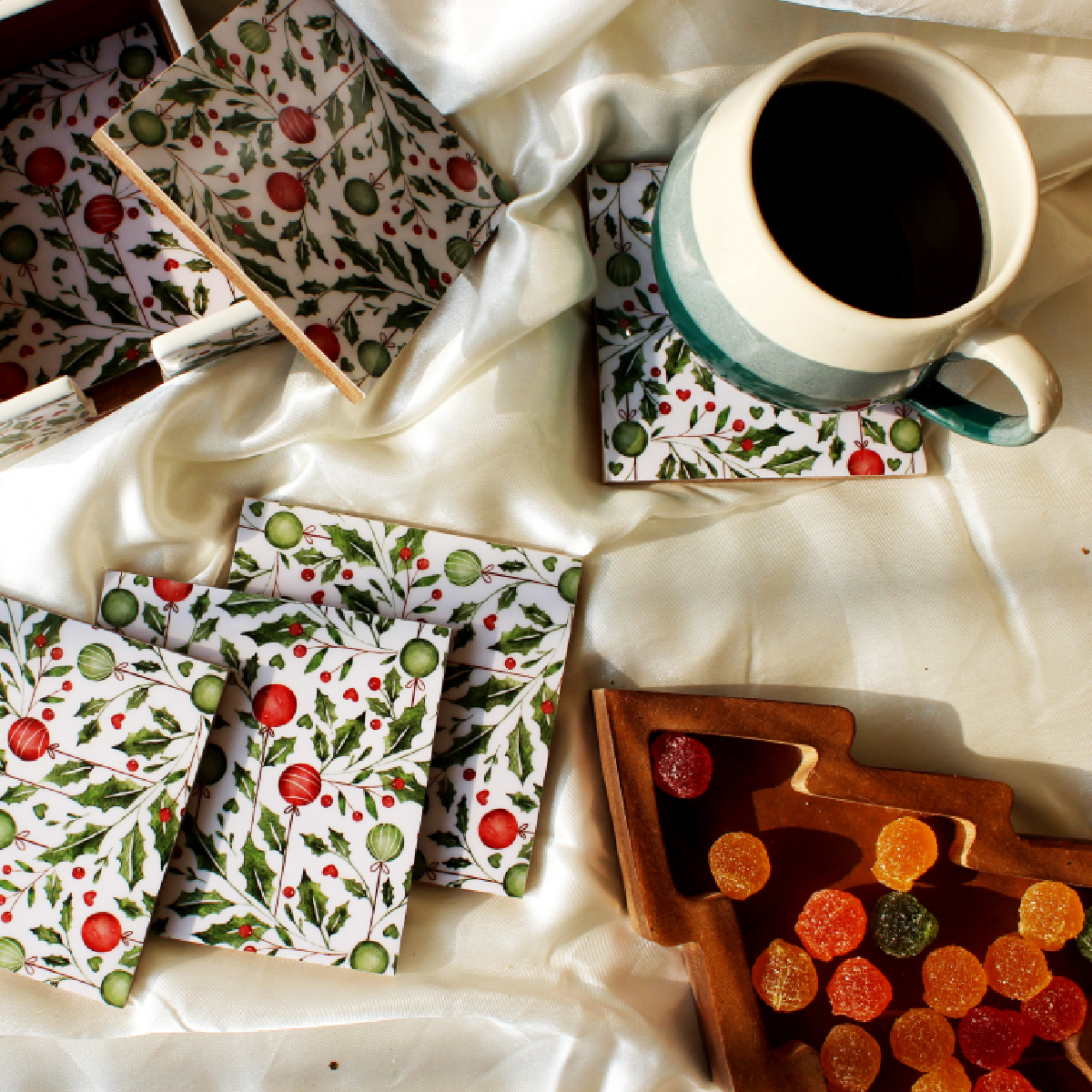 Holiday Hangings Wood Coasters Set with Holder