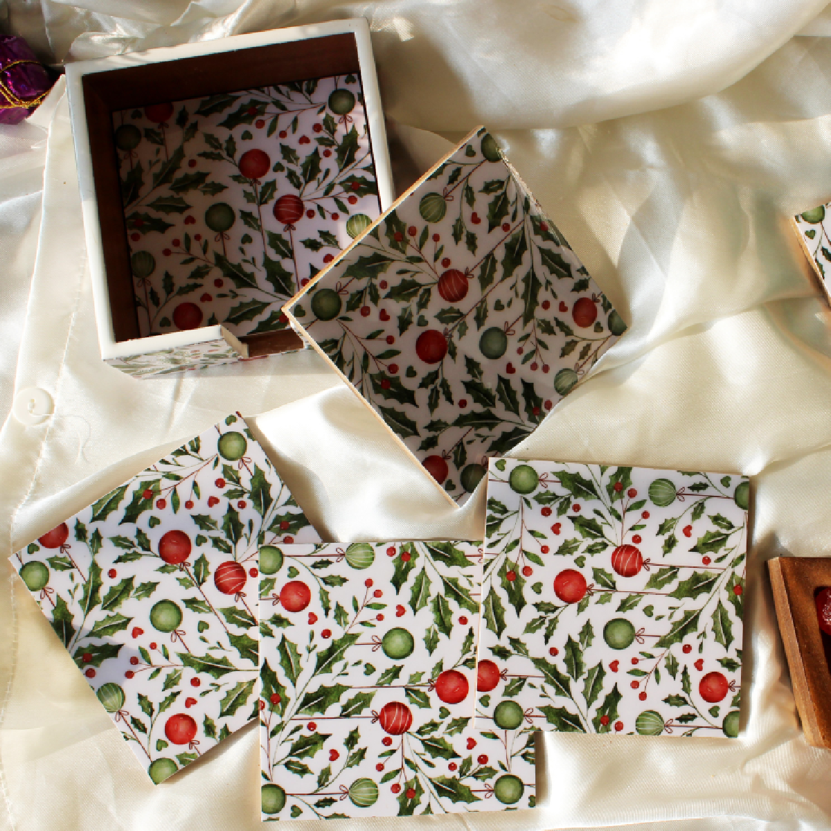 Holiday Hangings Wood Coasters Set with Holder
