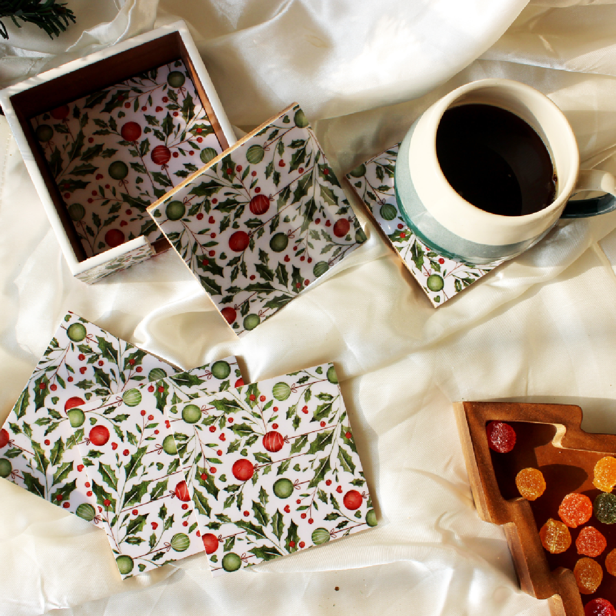 Holiday Hangings Wood Coasters Set with Holder