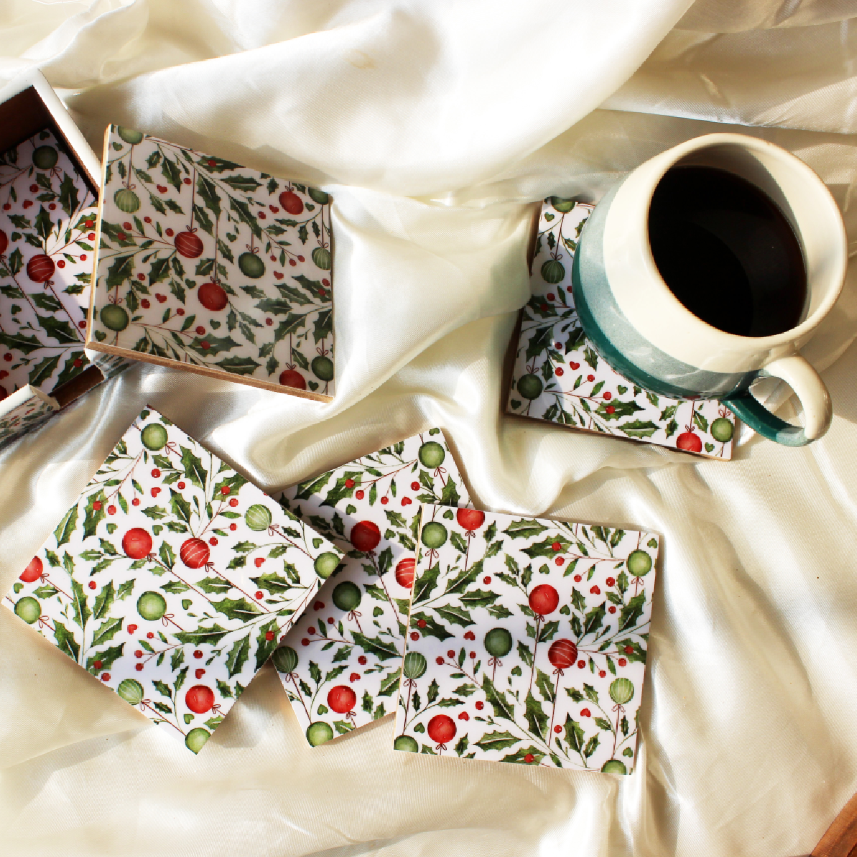 Holiday Hangings Wood Coasters Set with Holder